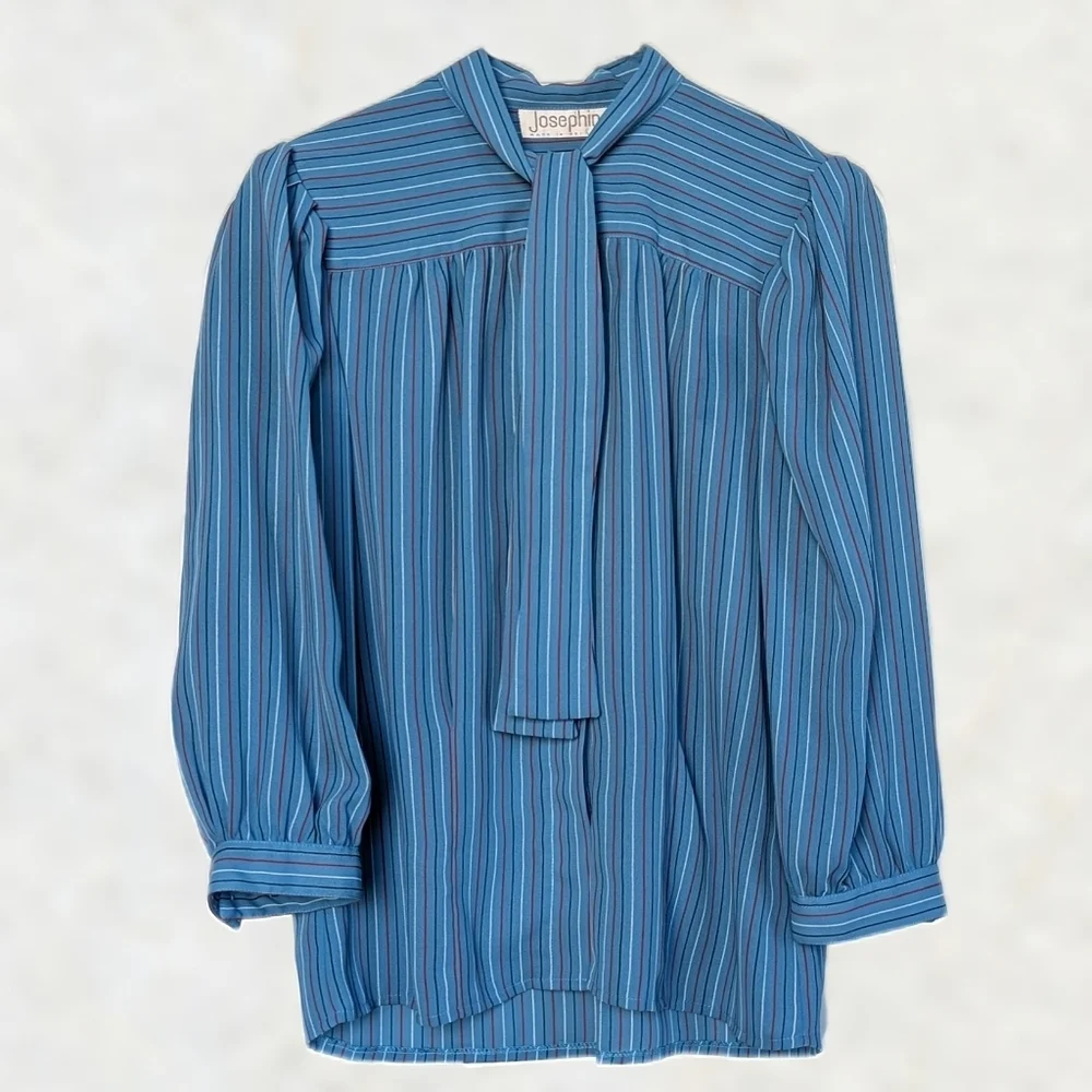 Vintage Secretary Style Stripe Set: Button Down Top Neck Bow A-line Skirt